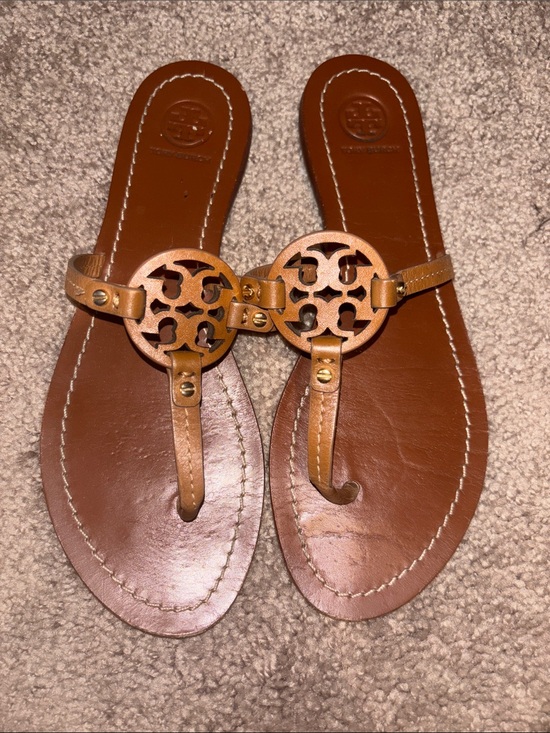 Tory Burch Shoes - Tory Burch Tan Leather Logo Thong Sandals